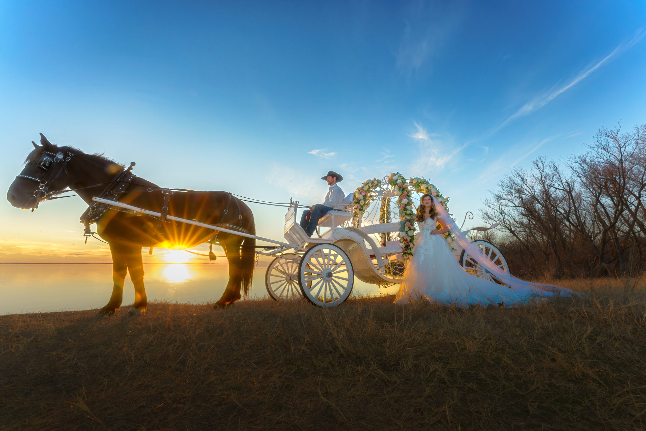 Full color wedding, white carriage, Cinderella sunset