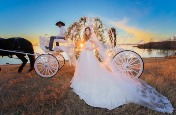 Full color wedding, white carriage, Cinderella sunset